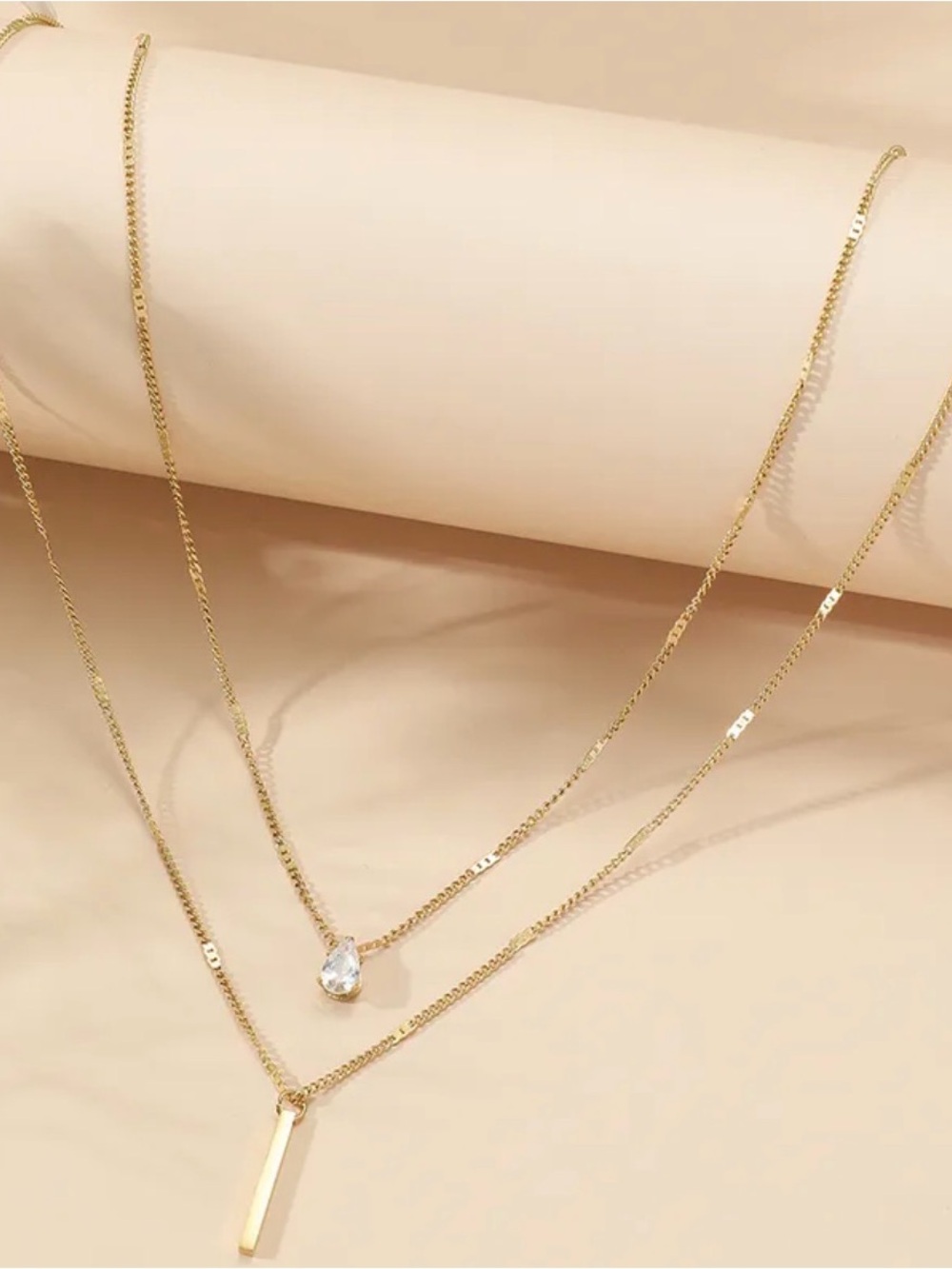Gold PVD Stainless Steel Layered Necklace | Teardrop and Bar Accent